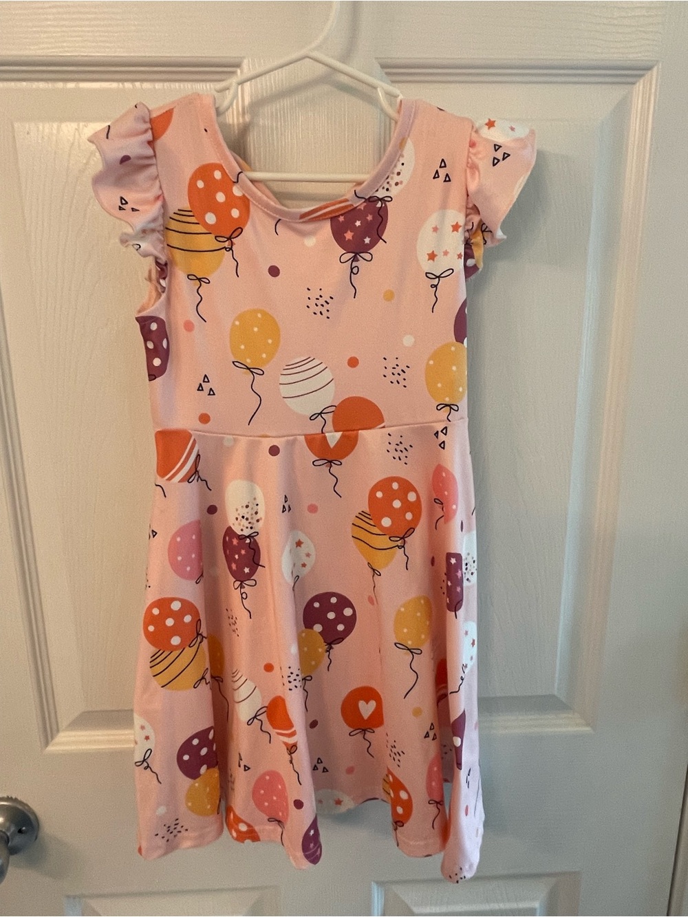 Girls Pink Balloon-Print Casual Dress with Ruffle Sleeves